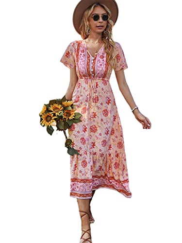 Adhdyuud Boho-Kleid für Frauen Blumendruck Kurzarm Hohe Taille Kleider Casual Strand Urlaub Vestidos Damen, rose, X-Large von Adhdyuud
