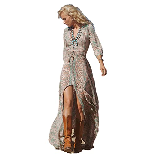 Adhdyuud Damen Boho Blumendruck Langes Kleid Sommer Dreiviertelärmel V-Ausschnitt Gypsy Vintage Hippie Kleider, Polyester, Small von Adhdyuud