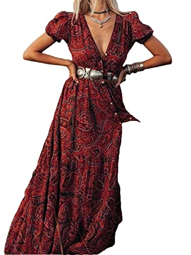 Adhdyuud Damen Boho Blumendruck Langes Kleid Sommer Dreiviertelärmel V-Ausschnitt Gypsy Vintage Hippie Kleider, Rayon-Rot, Medium von Adhdyuud