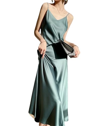 Adhdyuud Damen Elegant Seide Satin Slip Kleid Sommer Ärmellos V-Ausschnitt Spaghettiträger Kleider, En8, XL von Adhdyuud