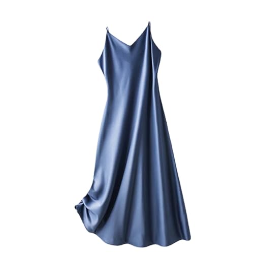 Adhdyuud Damen Elegant Seide Satin Slip Kleid Sommer Ärmellos V-Ausschnitt Spaghettiträger Kleider, blau, XL von Adhdyuud