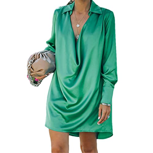 Adhdyuud Damen Hemd Satin Kleid Langarm Party Casual Lose Oversize Kurz Kleid, EN8, Medium von Adhdyuud