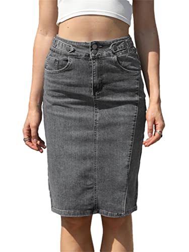 Adhdyuud Damen-Jeansrock, elastisch, hohe Taille, lässig, Midi, gerade Bleistift, Sommer-Jeansröcke, Dunkelgrau9, 40 von Adhdyuud