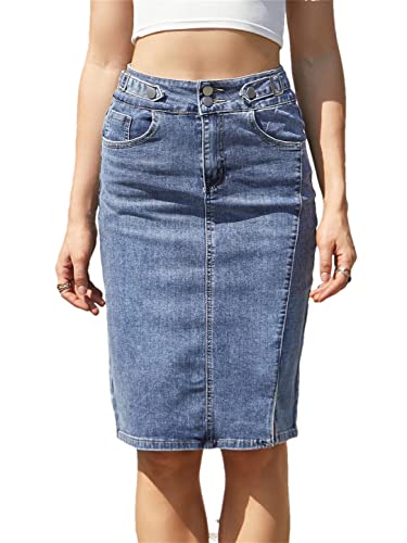 Adhdyuud Damen-Jeansrock, elastisch, hohe Taille, lässig, Midi, gerade Bleistift, Sommer-Jeansröcke, blau, 36 von Adhdyuud