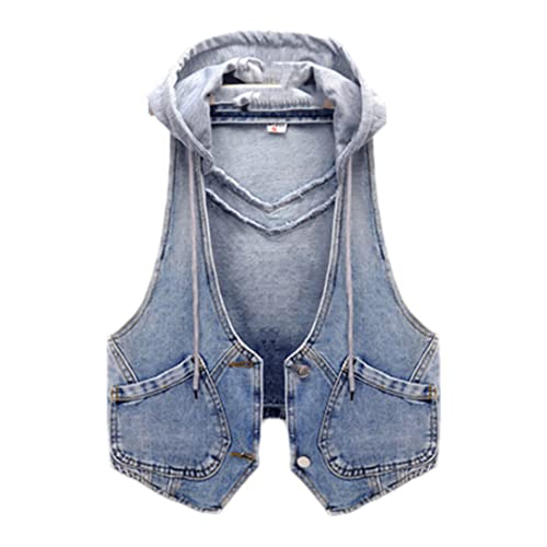 Adhdyuud Damen-Jeansweste mit Kapuze, kurze Jeansjacke, ärmellos, lockere Jeans-Weste, Damen-Oberteile, hellblau, 46 von Adhdyuud