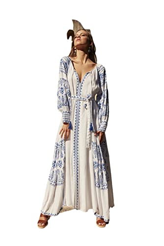 Adhdyuud Damen Langarm Baumwolle Lose Maxikleid Vintage Stickerei Boho Strandkleider Ethno Tunika Robe, weiß, L von Adhdyuud