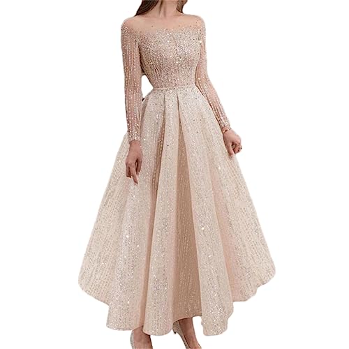 Adhdyuud Damen Langarm Kleid Abend Pailletten Mesh Röcke Elegant Nachtkleid Robe Kleider, rose, Small von Adhdyuud