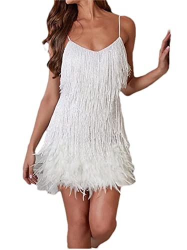 Adhdyuud Damen Pailletten Quaste Feder Spaghettiträger Kleid Sexy Nähte Abend Party Minikleid, weiß, XX-Large Adhdyuud Damen Pailletten Quaste Feder Spaghettiträger Kleid Sexy Nähte Abend Party Minikleid, weiß, XX-Large von Adhdyuud