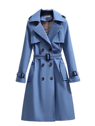 Adhdyuud Damen Revers Zweireihiger Trenchcoat Slim Full Length Maxi Langer Mantel mit Taschen, blau, 42 von Adhdyuud