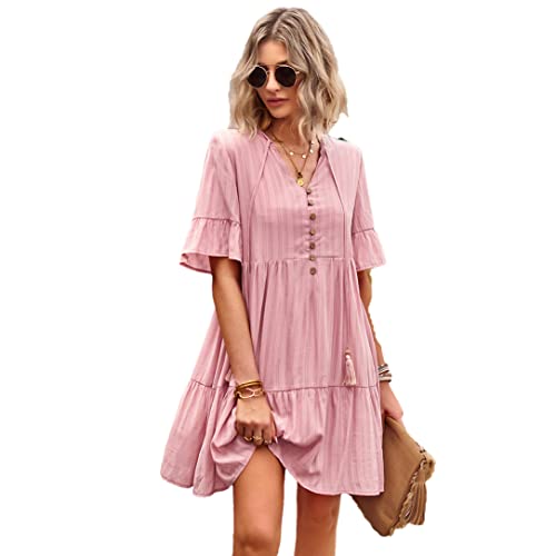 Adhdyuud Damen Rüschen Quaste Minikleid Lose Strand Schmetterling Ärmel V-Ausschnitt Urlaub Vestidos, rose, Medium von Adhdyuud