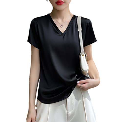 Adhdyuud Damen Seide Kurzarm T-Shirt Sommer Einfarbig V-Ausschnitt Top Strick Bottoming Shirt, Schwarz , XXL Adhdyuud Damen Seide Kurzarm T-Shirt Sommer Einfarbig V-Ausschnitt Top Strick Bottoming Shirt, Schwarz , XXL von Adhdyuud