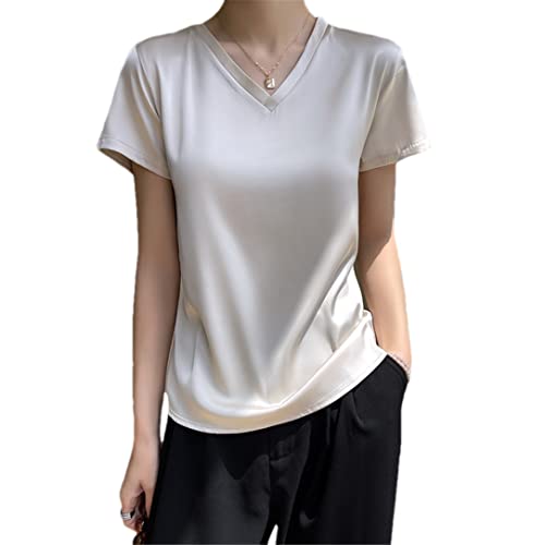 Adhdyuud Damen Seide Kurzarm T-Shirt Sommer Einfarbig V-Ausschnitt Top Strick Bottoming Shirt, champagnerfarben, X-Large von Adhdyuud