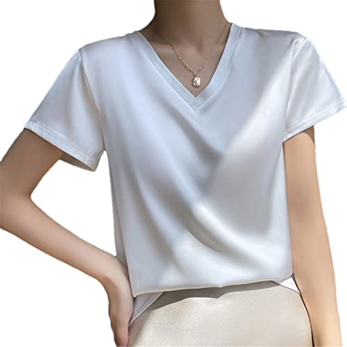 Adhdyuud Damen Seide Kurzarm T-Shirt Sommer Einfarbig V-Ausschnitt Top Strick Bottoming Shirt, weiß, Small von Adhdyuud
