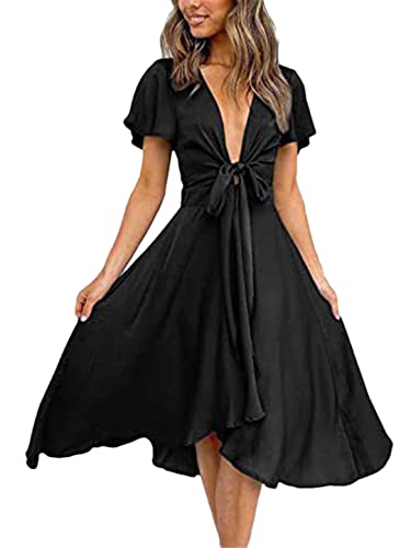 Adhdyuud Damen Sommer Kurzarm Midi Kleid A Linie Lose V Ausschnitt Party Kleider, Schwarz , L von Adhdyuud