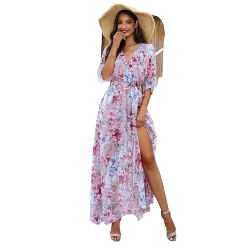 Adhdyuud Damen Sommer Schnürkleid Sommer Knöchellang Bedruckte Taille V-Ausschnitt Lange Boho Kleider, Pnnrk, X-Large von Adhdyuud