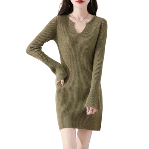 Adhdyuud Damen Winter Langarm Strickpullover Kleid V-Ausschnitt Bodycon Casual Kurz Mini Sweater Kleid, Matcha En8, S von Adhdyuud