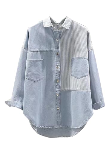Adhdyuud Damen mit Tasche Denim Hemd Lose Gestreifte Patchwork Knöpfe Causal Bluse, blau, X-Large von Adhdyuud
