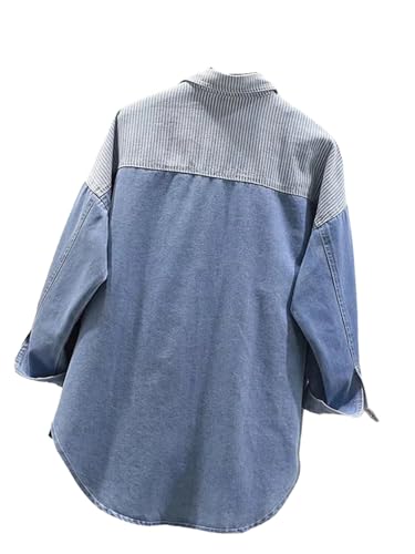 Adhdyuud Damen mit Tasche Denim Hemd Lose Gestreifte Patchwork Knöpfe Causal Bluse, navy, M von Adhdyuud