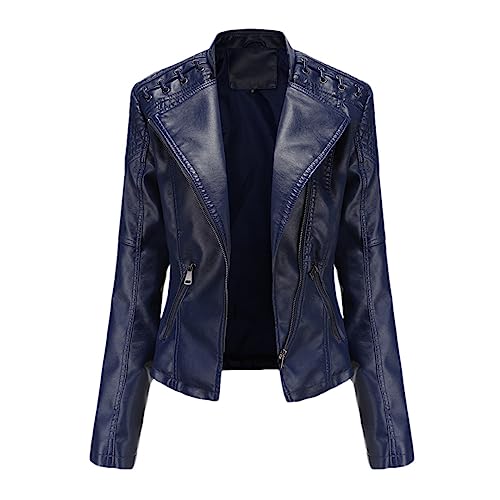 Adhdyuud Lederjacke Damen Slim Fit Motor Biker PU Leder Kurzmantel Stehkragen Reißverschluss Mantel Navy Blue L von Adhdyuud