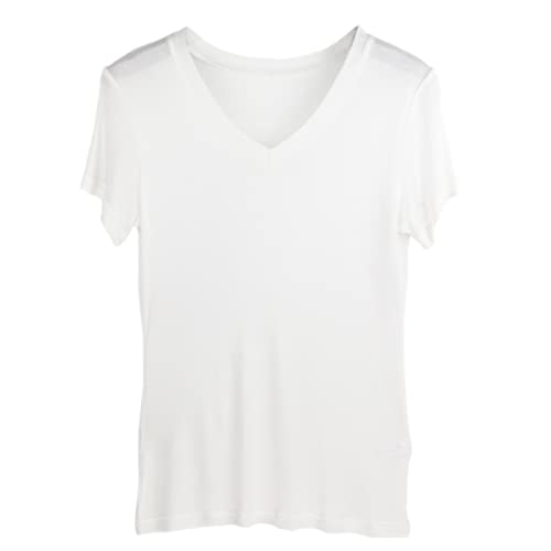 Adhdyuud Sommer Damen T-Shirt aus 100 % echter Seide, lässig, gestrickt, kurzärmelig, locker, V-Ausschnitt, weiß, Large Adhdyuud Sommer Damen T-Shirt aus 100 % echter Seide, lässig, gestrickt, kurzärmelig, locker, V-Ausschnitt, weiß, Large von Adhdyuud