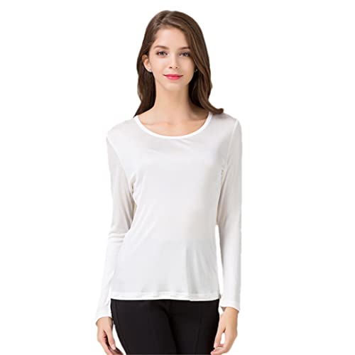 Damen Seide Slim Langarm T-Shirt Maulbeerseide Doppelseitig Strickpullover Bottoming Bluse, weiß, Large von Adhdyuud
