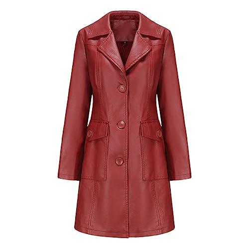 Solide Lange Lederjacke Damen Kunstleder Langer Windjacke Vintage Ausgehmantel Burgundy EUR M von Adhdyuud