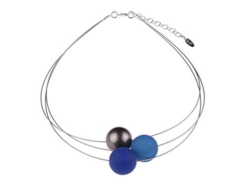 Adi Modeschmuck 3-strängiger Halsreif 'Mara', original 20mm Polarisperlen mit einer farblich abgestimmten metallic Akzentperle, handgefertigt in Berlin (Indigo/Marineblau und dunkles Silber) von Adi-Modeschmuck