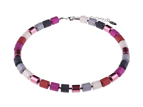 Adi-Modeschmuck Elegante Damenkette 'Bärbel' aus 10mm großen original Polaris- und lackierten Acrylzylindern, handgefertigt in Berlin. (Dunkle Rot- und Grautöne) von Adi-Modeschmuck