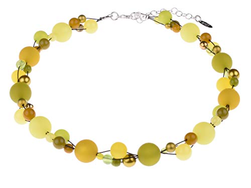 Adi-Modeschmuck Halskette “Amelie”, elegant verflochtene Mischung aus Polaris- und Glasperlen in attraktiven Farbkombinationen, handgefertigt in Berlin (Gelb- und Grüntöne) von Adi-Modeschmuck