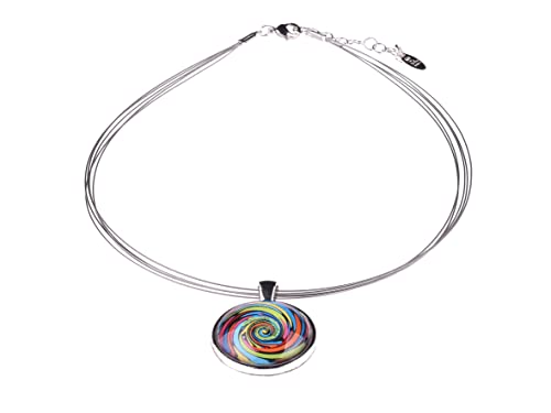 Adi-Modeschmuck Halsreif 'Isa', ein leichter Anhänger aus versilbertem Messing mit farbigen Ornamenten unter einem Glas Cabochon, handgefertigt in Berlin (Buntes Motiv 4) von Adi-Modeschmuck