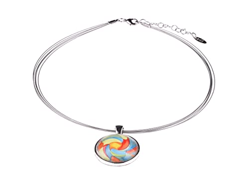 Adi-Modeschmuck Halsreif 'Isa', ein leichter Anhänger aus versilbertem Messing mit farbigen Ornamenten unter einem Glas Cabochon, handgefertigt in Berlin (Buntes Motiv 5) von Adi-Modeschmuck