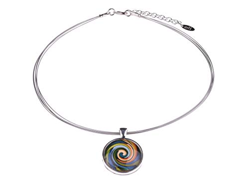 Adi Modeschmuck Halsreif 'Sienna', ein leichter Anhänger aus versilbertem Messing mit farbigen Ornamenten unter einem Glas Cabochon, handgefertigt in Berlin (Multicolor) von Adi Modeschmuck