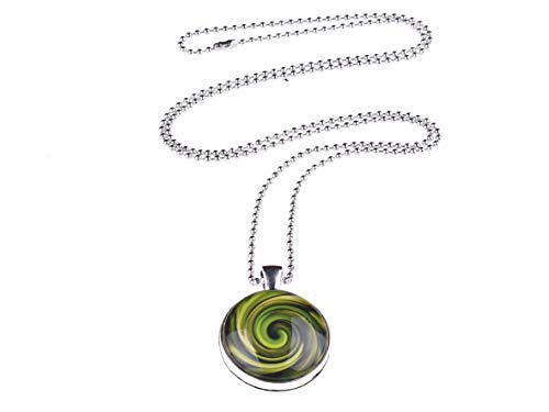 Adi Modeschmuck Kette 'Sabrina', 70cm lange Kugelkette mit einem zweiseitigen 25mm Anhänger mit farbigen Motiven unter Glas Cabochons, handgearbeitet in Berlin (Oliv) von Adi-Modeschmuck