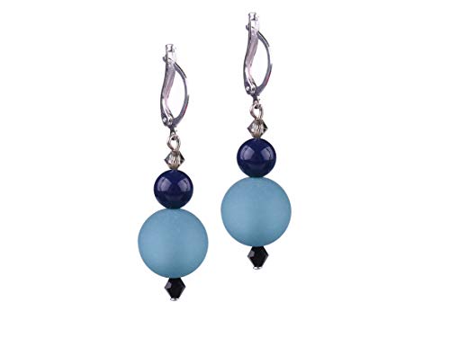 Adi Modeschmuck Ohrring 'Leonora', 14mm italienische Polarisperle, eine 8mm Acrylperle und geschliffene Glasperlen an einer versilberten Brisur, handgefertigt in Berlin (Taubenblau mit Marineblau) von Adi-Modeschmuck