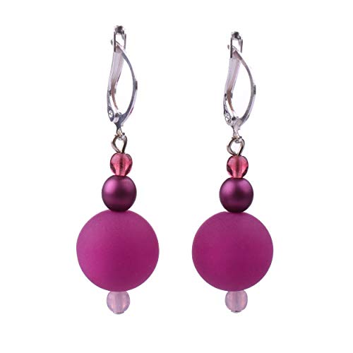 Adi Modeschmuck Ohrringe Amelie, 14mm Polarisperle und kleine Glasperlen in frischen Farbkombinationen, handgefertigt in Berlin (Himbeer) von Adi-Modeschmuck