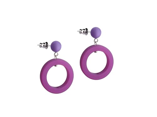 Adi Modeschmuck ausgefallener Polaris Ohrring 'Lilia', Ohrstecker mit einem kreisrunden Anhänger in attraktiven Farbgebungen, ca 4cm lang, handgefertigt in Berlin (Fuchsia mit Lila) von Adi-Modeschmuck