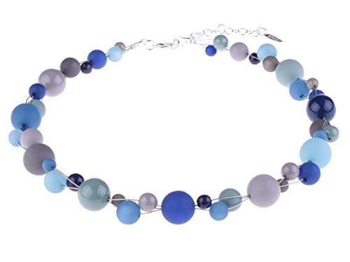 Adi Modeschmuck geflochtene Damenkette "Susanna", filigran verflochtene Polaris-, Acryl- und Glasperlen in verschiedenen Größen, handgefertigt in Berlin (dunkle Blau- und Grautöne) von Adi-Modeschmuck