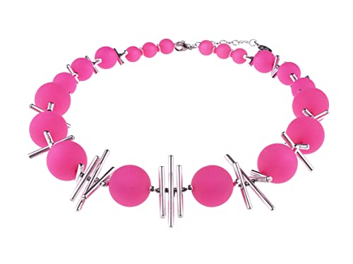 Adi-Modeschmuck große Statementkette 'Gloria', original italienische Polaris Perlen, versilberte Stäbchen und kleinste schwarze Messingperlchen, handgefertigt in Berlin (Pink) von Adi-Modeschmuck