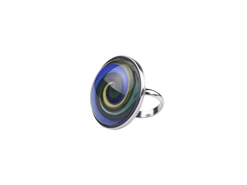 Adi-Modeschmuck großer Statement-Ring 'Inga', attraktive farbige Ornamente unter einem 25mm Glas Cabochon, größenverstellbarer Ring aus Edelstahl, handgefertigt in Berlin (Blau Grün Spirale) von Adi-Modeschmuck