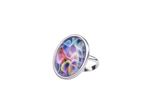 Adi-Modeschmuck großer verstellbarer Ring 'Samara', attraktive farbige Ornamente unter einem 25mm Glas Cabochon, größenverstellbarer Ring aus Edelstahl, handgefertigt in Berlin (Buntes Motiv 4) von Adi-Modeschmuck