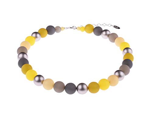 Adi-Modeschmuck klassische Polariskette 'Magdalena', 14mm original italienische Polarisperlen mit metallic Akzenten, handgefertigt in Berlin (Gelb- und Grautöne) von Adi-Modeschmuck