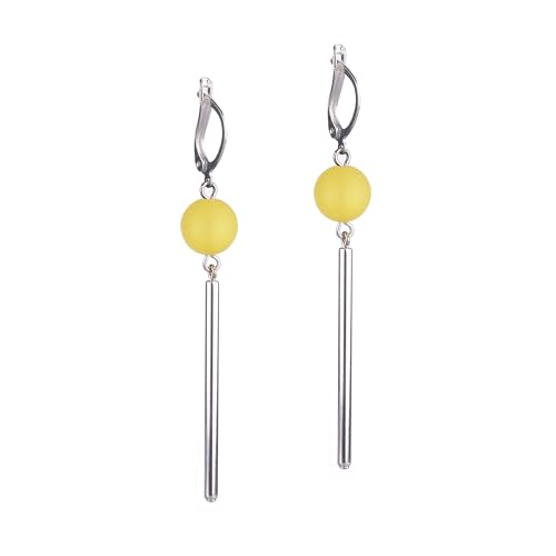 Adi Modeschmuck langer Ohrring 'Luca', versilberte Klappbrisur mit einer 10mm großen, italienischen Polarisperle und einem versilberten Messingröhrchen, 7cm lang, handgefertigt in Berlin (Gelb) von Adi-Modeschmuck