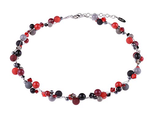 Adi Modeschmuck zarte Damenkette 'Leni', vielfältige Mischung aus Polaris, Acryl- und Glasperlen, verflochten auf 3 Fäden, handgefertigt in Berlin (Rot- und Grautöne mit Schwarz) von Adi-Modeschmuck