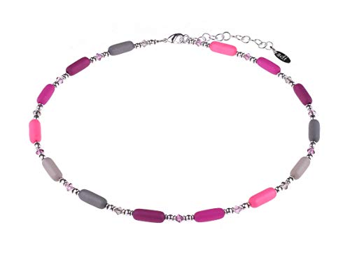 Adi Modeschmuck zarte Zylinderkette 'Bille' aus Polariszylindern, geschliffenen Glasperlen und versilberten Zylinderperlen, handgefertigt in Berlin (Beeren- und Grautöne) von Adi-Modeschmuck