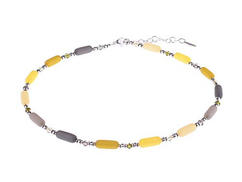 Adi-Modeschmuck zarte Zylinderkette 'Bille' aus Polariszylindern, geschliffenen Glasperlen und versilberten Zylinderperlen, handgefertigt in Berlin (Gelb- und Grautöne) von Adi-Modeschmuck