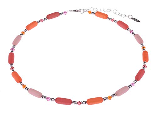 Adi Modeschmuck zarte Zylinderkette "Bille" aus Polariszylindern, geschliffenen Glasperlen und versilberten Zylinderperlen, handgefertigt in berlin (Orange, Rosa, Rot) von Adi-Modeschmuck