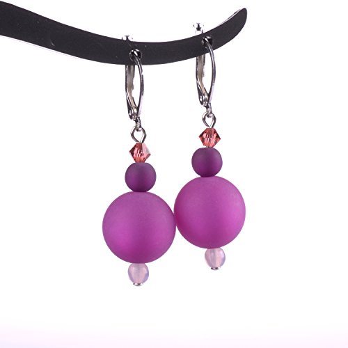 Ohrring "Alicia", original Polaris- und Glasperlen in kräftigen Farben, handgefertigt von Adi-Modeschmuck in Berlin (himbeer) von Adi-Modeschmuck