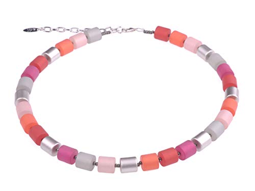 Adi-Modeschmuck Damenkette “Bärbel” aus Polaris- und lackierten Acrylzylindern, pink/orange Mix mit silbernen Akzenten. Handgefertigt in Berlin. von Adi-Modeschmuck