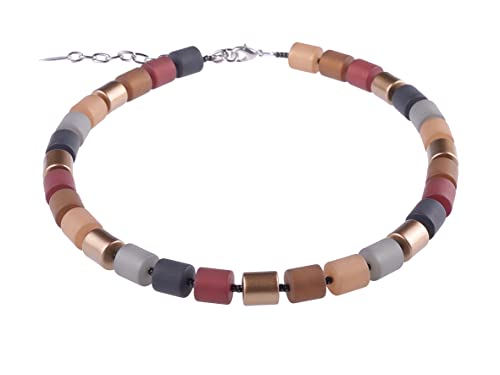 Adi Modeschmuck Elegante Kette “Bärbel” aus Polaris- und lackierten Acrylzylindern, rot/braun/grau Mix mit metallic Akzenten. Handgefertigt Berlin. von Adi-Modeschmuck
