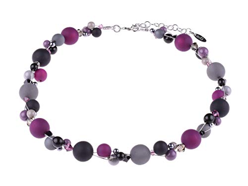 Adi modeschmuck geflochtene Damenkette 'Leonora', verspielte Mischung aus verschieden großen Polaris, Acryl- und Glasperlen auf 3 Fäden, handgefertigt in Berlin (Lila- und Grautöne mit Schwarz) von Adi-Modeschmuck